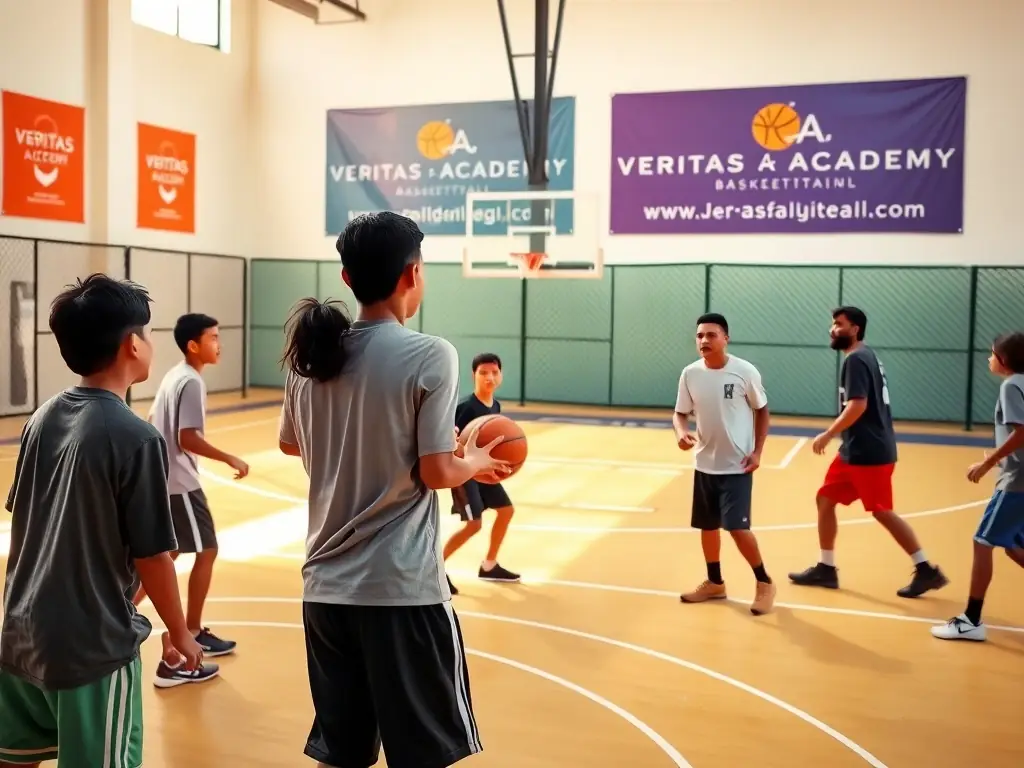 A vibrant image of Latin American youth participating in a Veritas Academy basketball clinic, demonstrating the program's reach and positive influence in the region.