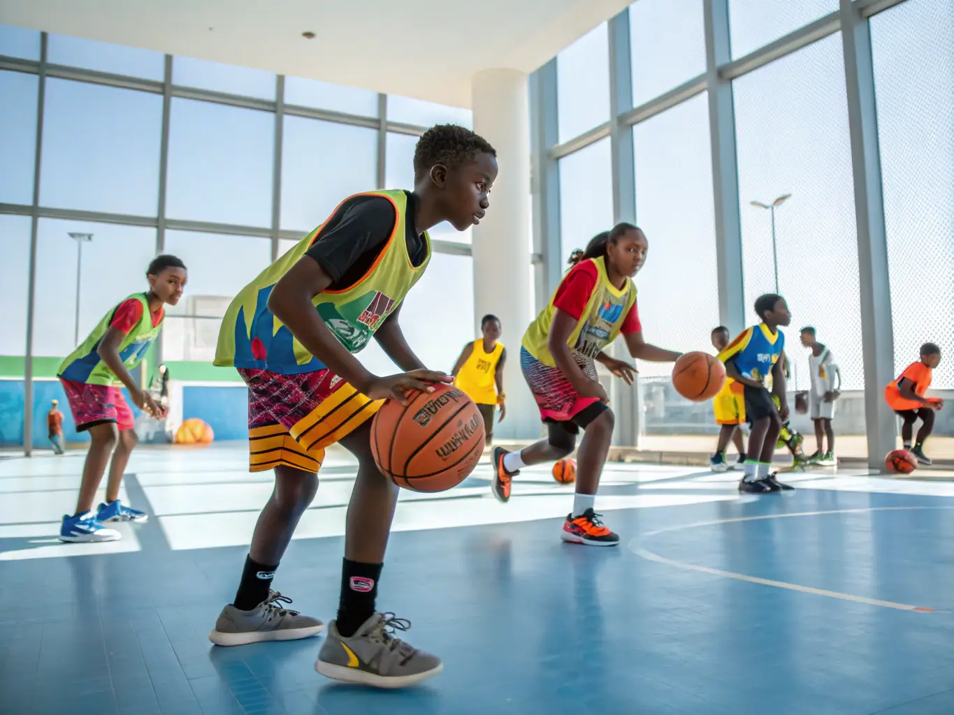 A group of young basketball players from the US, wearing Veritas Academy jerseys, are practicing drills with focused determination, showcasing the impact of the program on local talent.